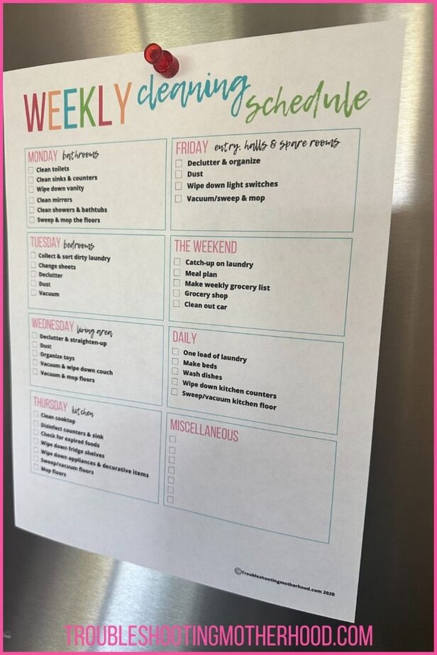 Weekly cleaning schedule printable hanging on a fridge. Helpful when you are overwhelmed by the mess.