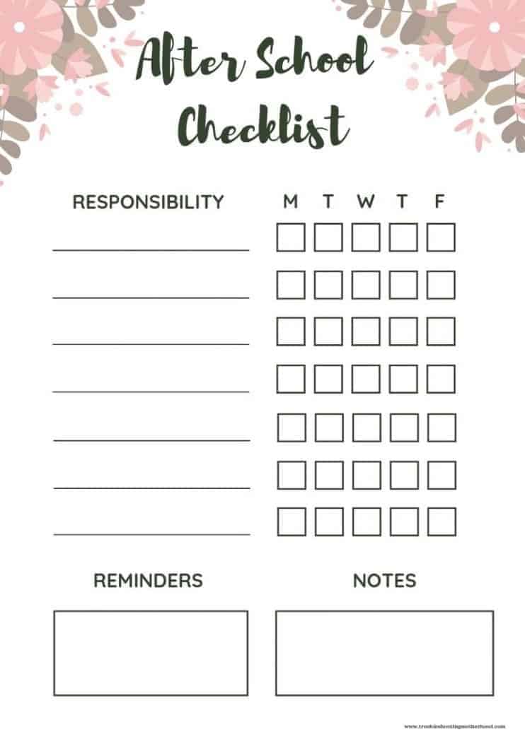 After school Checklist for kids free printable