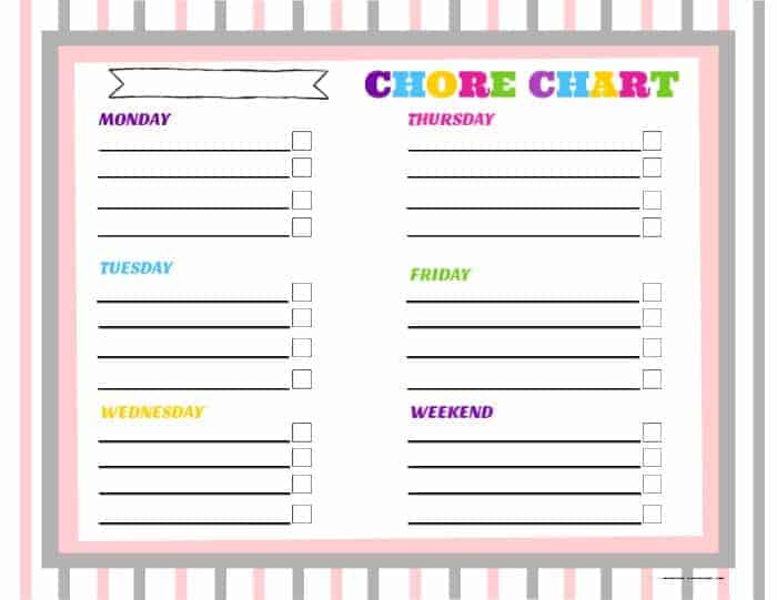 Free printable chore chart for kids. This chart can be customized with your chore lists. Fill it with age-appropriate chores that fit your children's needs. #chorecharts #kidschorecharts