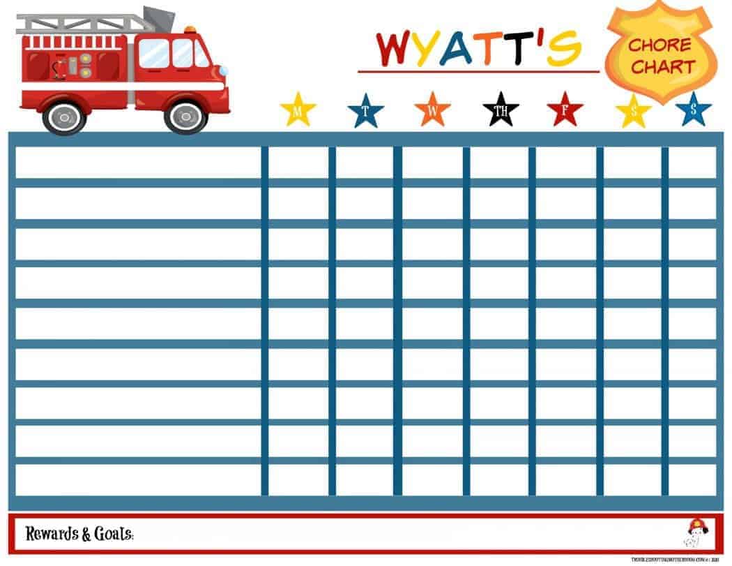 Free printable firetruck chore chart for kids. 