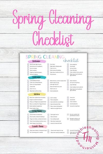 Spring Cleaning Checklist on white wood background. Image of checklist.