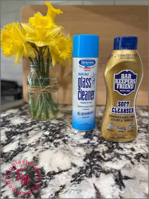 2 Favorite cleaning products for spring cleaning checklist. Bar keepers friend and sprayway glass cleaner. 