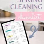 Spring cleaning checklist printable with room by room deep cleaning tasks for bathrooms, bedrooms, kitchen, living room and laundry room.