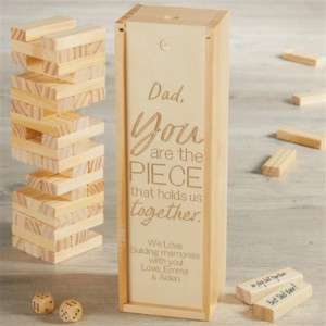 Father's Day Gift Guide. Image of Personalized Jenga Game that reads: Dad yu are the piece that holds us together.