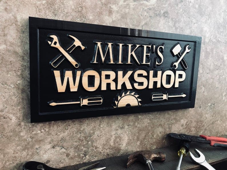 Father's Day Gift Guide. Image of custom workshop sign that says: Mike's Workshop with tools.