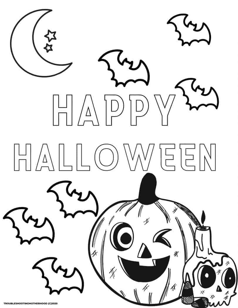 Happy halloween coloring pages for kids blank coloring page with pumpkins and bats.