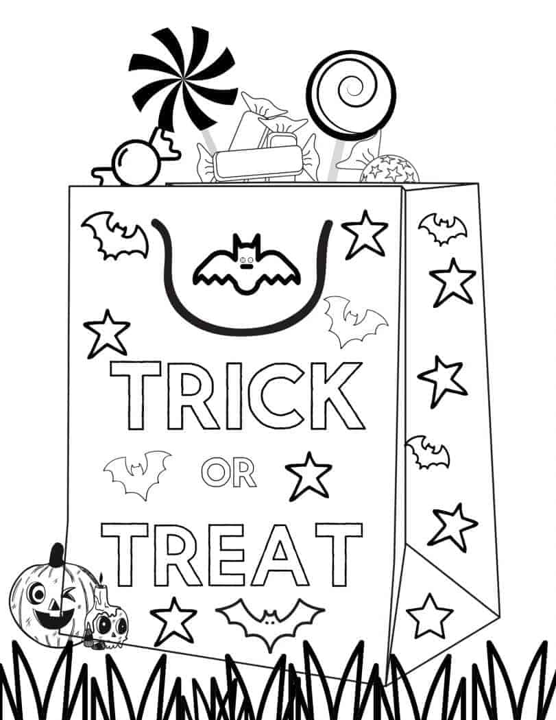 Halloween coloring page with trick or treat bag with bats, and pumpkins.