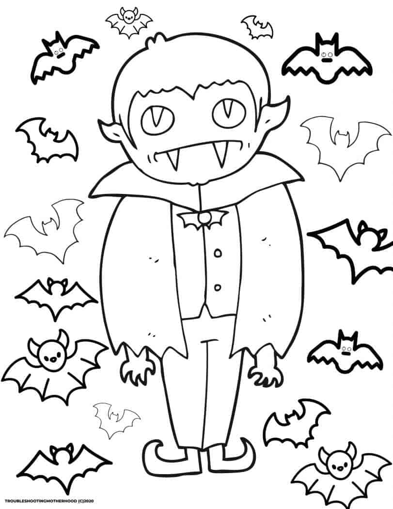 Halloween coloring page of a not spooky vamoire.