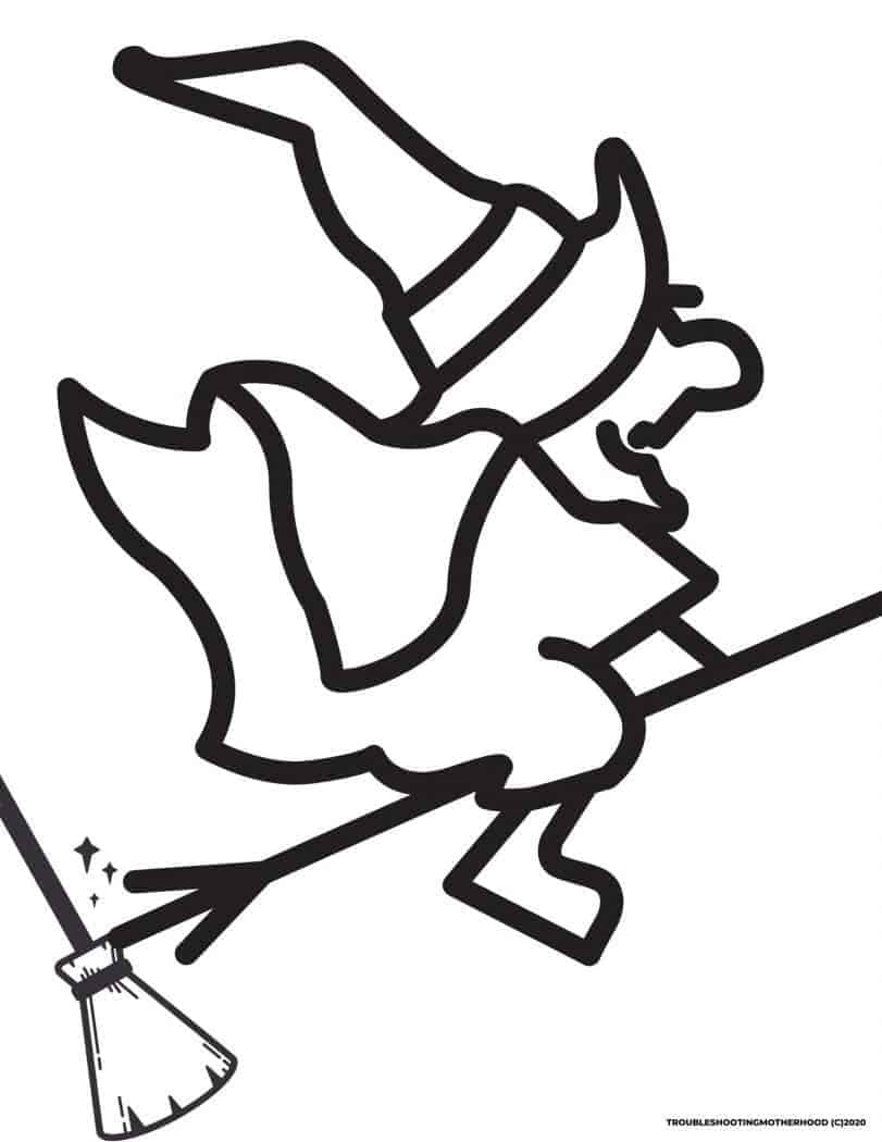 Halloween Coloring page with witch on broomstick.