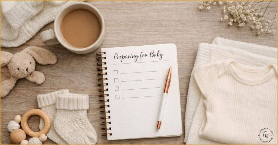 Flat lay of baby preparation items including a notebook titled “Preparing for Baby,” coffee mug, baby socks, wooden teether, soft onesie, muslin blanket, and stuffed bunny on a neutral wooden surface, representing a realistic baby prep checklist before birth.
