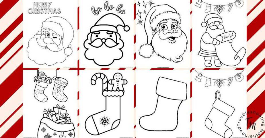 Christmas coloring pages for kids pic of 8 pages. 4 of santa's face, and 4 of stockings. 