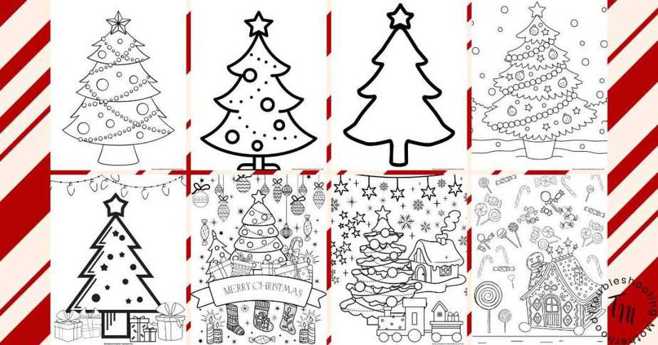 Free Printable Christmas Pages for Kids pic of 8 coloring pages. 5 plain christmas tree images and 2 more detailed christmas trees with ornaments and toys. and a gingerbread man and gingerbread house. 