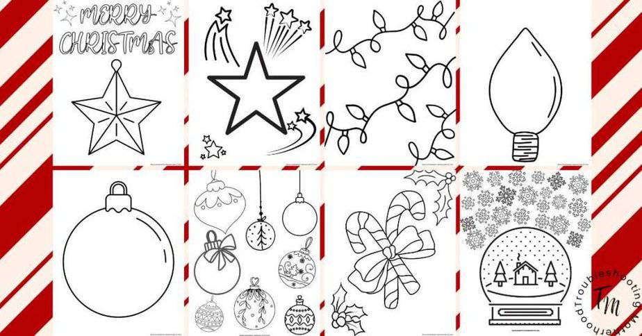 Free Printable Christmas coloring pages for kids. 3 christmas stars, 2 christmas lights, 2 ornaments, candy cane, and snow globe with snowflakes. 