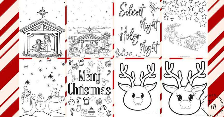 Free Printable Christmas coloring pages for kids. 2 nativity scenes, silent night holy night, santa in his sleigh, snowman family, Merry Christmas, rudolph and girl reindeer. 