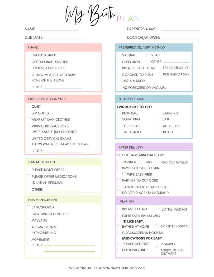 A printable birth plan checklist outlining sections for personal details, preferred delivery method, pain management, atmosphere, and post-delivery preferences, designed for first-time moms to facilitate birth planning at home or in a hospital.