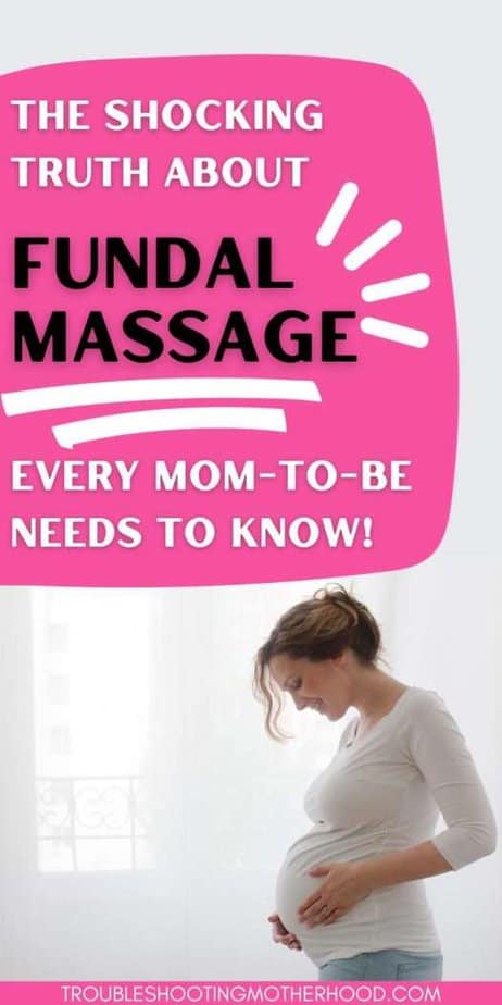 Pinterest Pin image pregnant woman standing holding her stomach with white background.