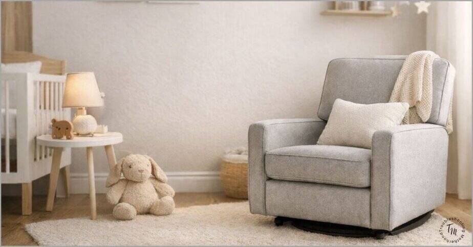 The best gliders and rockers for small spaces. Image: Small nursery with a compact upholstered nursery glider next to a crib, showing a space-saving nursing chair setup ideal for small nurseries and tight spaces