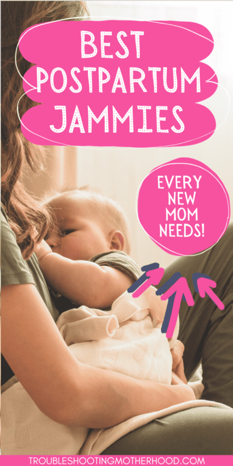 The best postpartum pajamas pin image of mom in pajamas nursing baby.