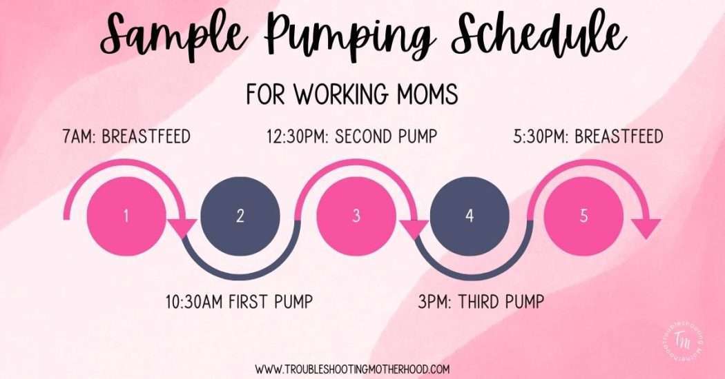 Sample pumping schedule for working moms. 7am:breastfeed, 10:30am pump, 12:30pm pump, 3pm pump, 5:30 breastfeed. The best pumping schedule for working moms.
