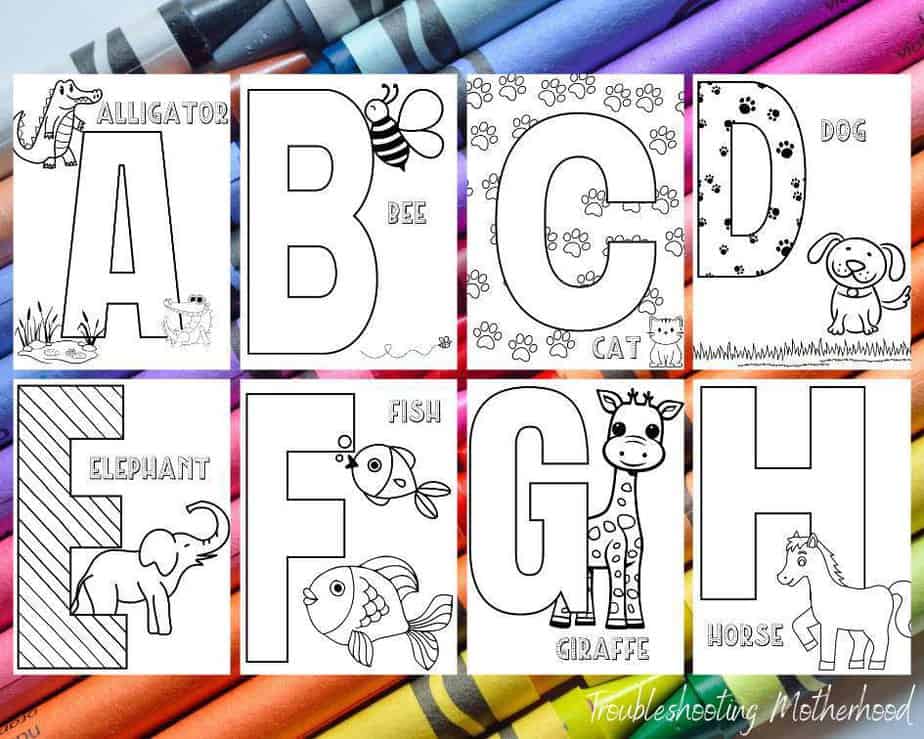 Background of crayons, then images of A-H alphabet coloring pages.