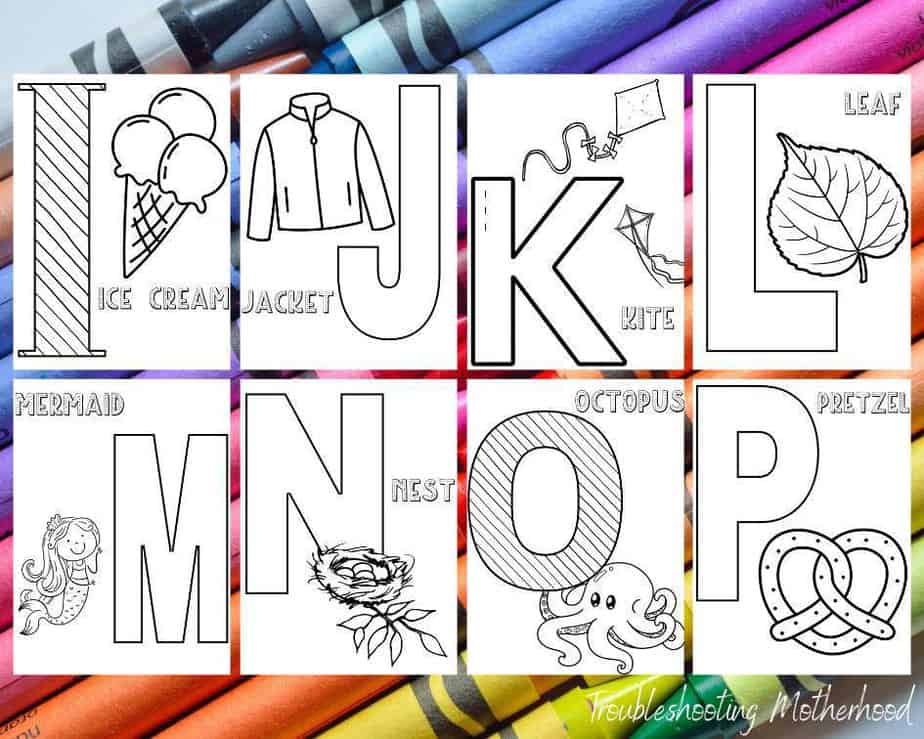 Background of crayons, then images of I-P alphabet coloring pages.