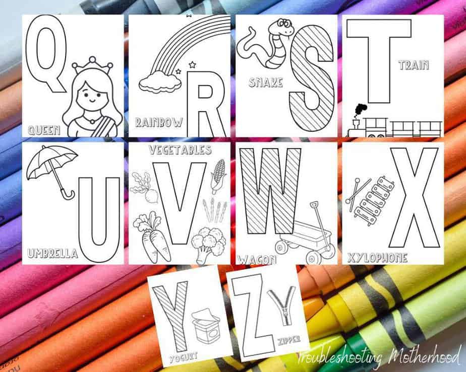 Background of crayons, then images of Q-Z alphabet coloring pages.
