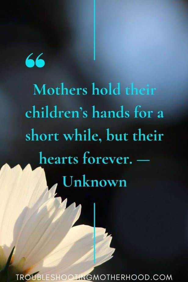 a flower with quote: Mothers hold their children’s hands for a short while, but their hearts forever. — Unknown