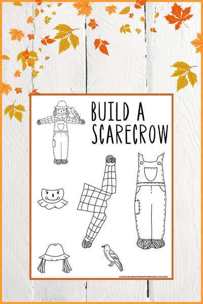 Text: Build a Scarecrow. Image of coloring page worksheet.