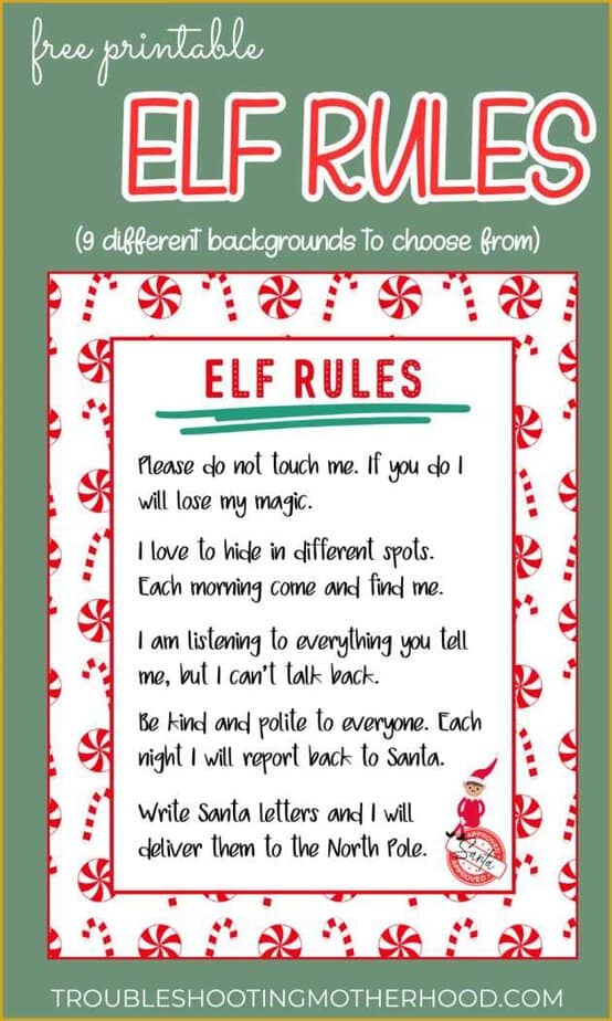 Text: Elf rules free printable, 9 different backgrounds to choose from. Image of Elf Rules PDF.