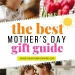 A woman and a young boy share a close moment while she holds a bouquet of tulips, accompanied by text promoting a Mother's Day Gift Guide for 2025 that includes various mom gift ideas.