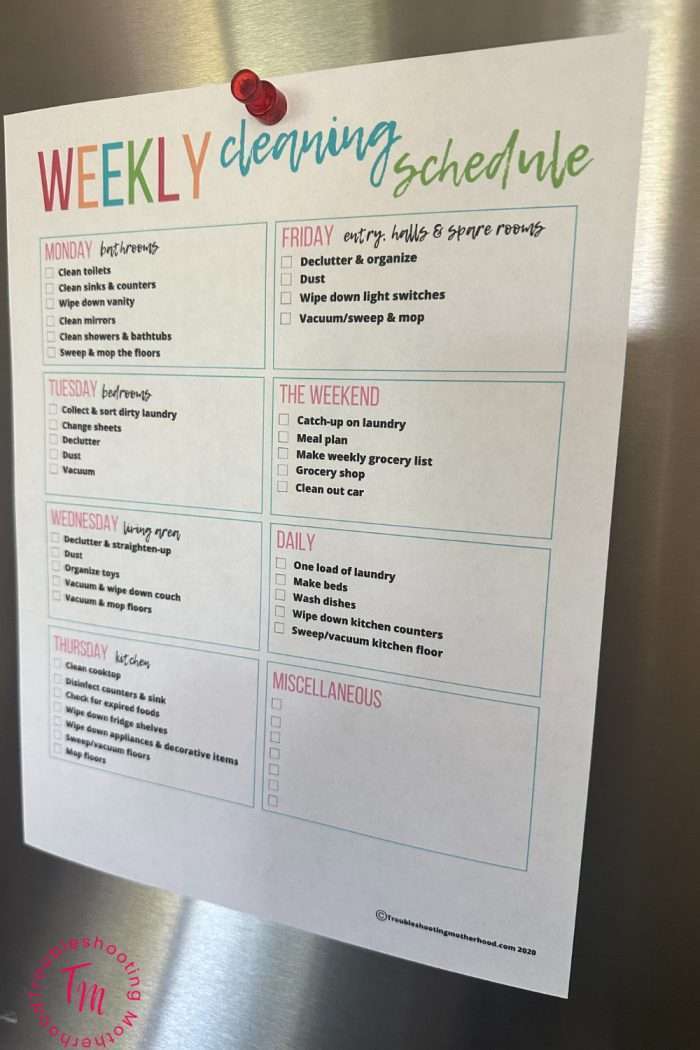 A printed weekly cleaning schedule is displayed on a refrigerator, outlining daily and weekly tasks for a stay-at-home mom, including areas to clean and organize for various days of the week.
