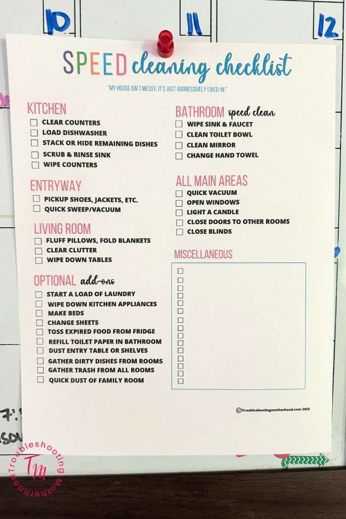 IMAGE OF SPEED CLEANING CHECKLIST ATTACHED TO DRY ERASE BOARD.