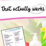A colorful speed cleaning checklist is displayed on a background featuring cleaning supplies and sponges, promoting quick cleaning tips and easy house cleaning routines.