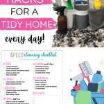 A cleaning station featuring various cleaning supplies alongside a speed cleaning checklist titled "FREE PRINTABLE SPEED CLEANING CHECKLIST" that includes tips for quick and easy house cleaning.