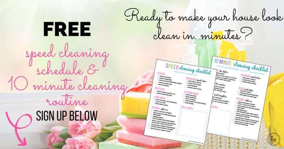 Background: Cleaning supplies and flowers. 2 cleaning checklists. Text: Ready to. make your house clean in minutes? Free 10 minute cleaning routine checklist and speed cleaning routine checklist. Sign up below.