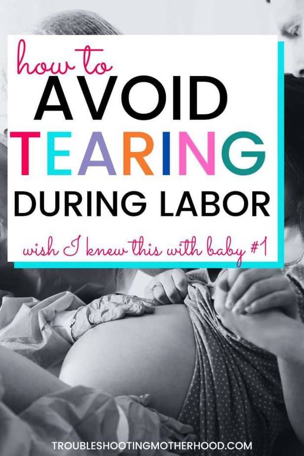 A pregnant woman in a hospital setting is preparing for labor, with a focus on methods to prevent tearing during childbirth, as indicated by the text overlay.