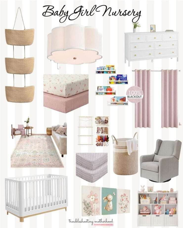 Baby girl nursery decor collage featuring soft neutral furniture, blush accents, woven storage baskets, a white crib, blackout curtains, a glider chair, floral wall art, and cozy nursery essentials arranged in a calm, elegant style