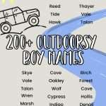 A graphic listing various outdoorsy boy names, including "Arrow," "Wesley," and "Skye," along with a sun and drawn vehicle, emphasizing nature-inspired and bohemian themes.