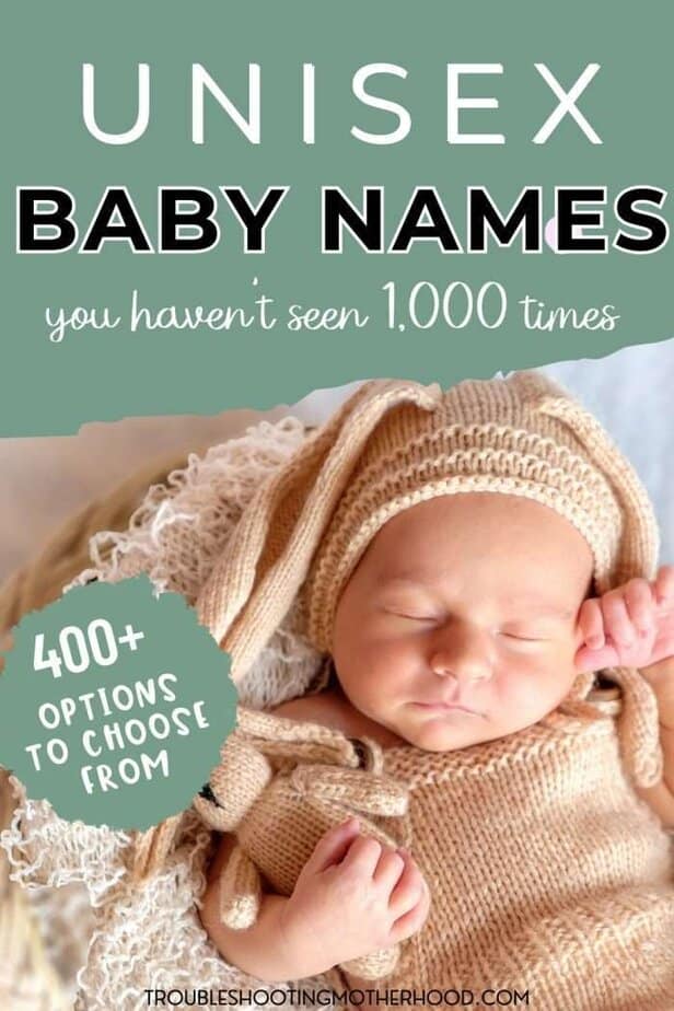A sleeping baby swaddled in a knitted outfit and hat lies on a textured blanket, with text promoting a list of over 400 unisex baby names.