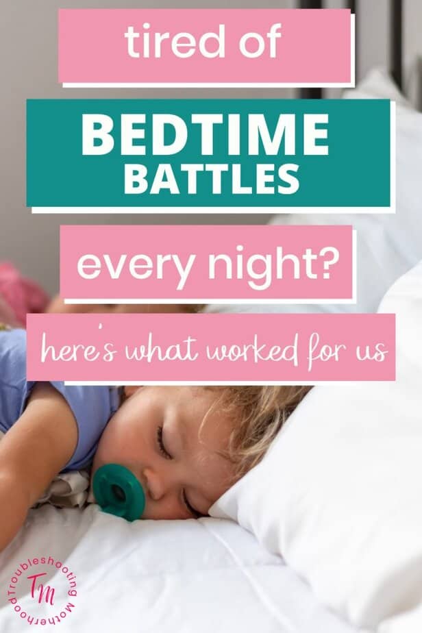 Toddler cries at bedtime while lying in bed, representing bedtime struggles and a bedtime routine for toddlers that many parents experience. Text: Tired of bedtime battles every night? Here's what worked for us.