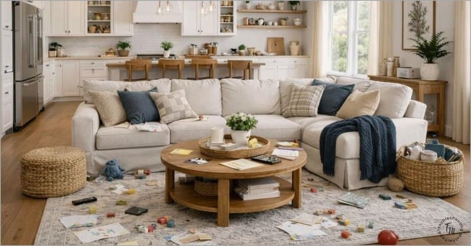 Image of a messy and cluttered living room. How to tackle a messy house.