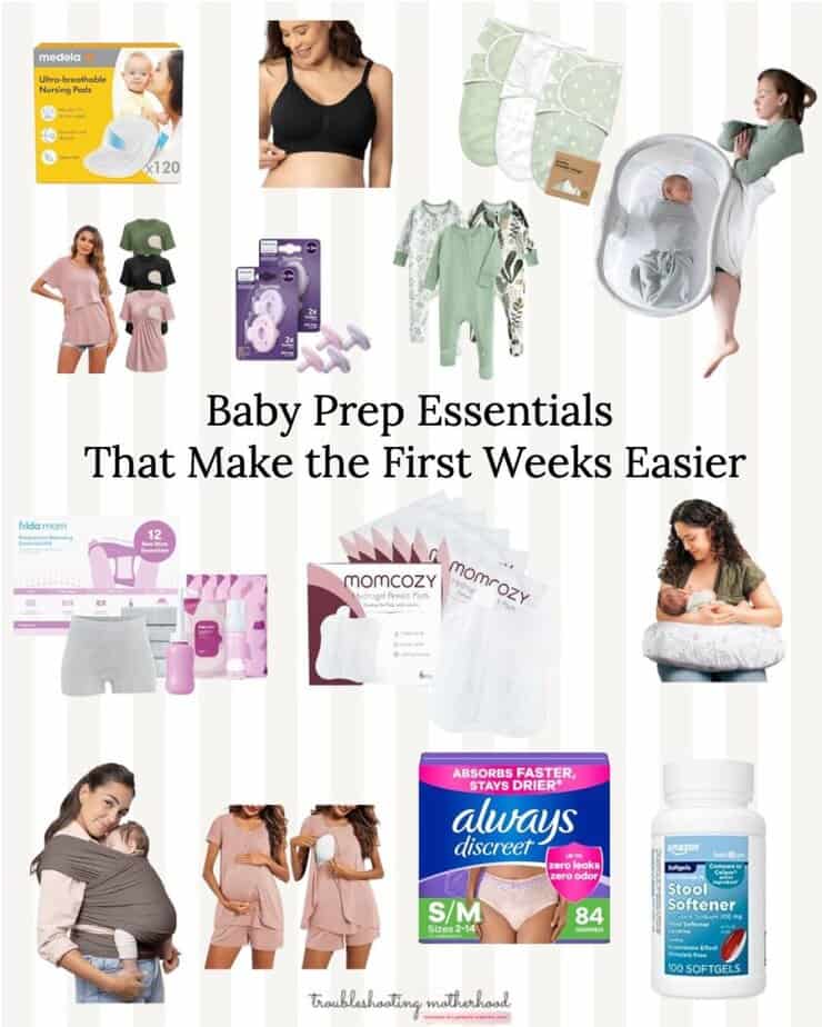Amazon storefront collage featuring baby prep and postpartum essentials including nursing bras, nursing pajamas, postpartum care items, pacifiers, a nursing pillow, and recovery supplies for new moms.