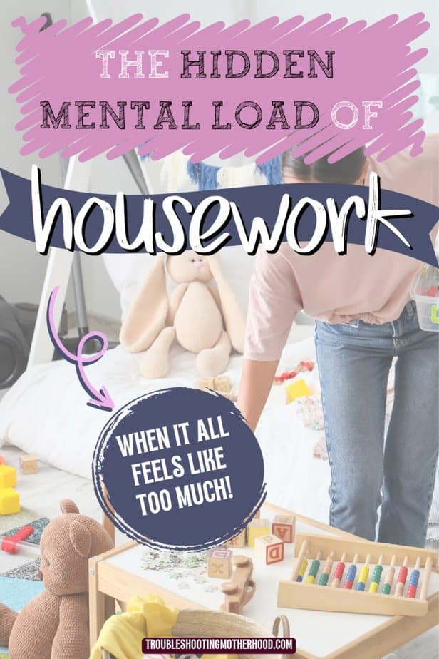 mom cleaning a messy playroom with toys and blocks on the floor showing the hidden mental load of housework. Why moms always feel behind on housework.