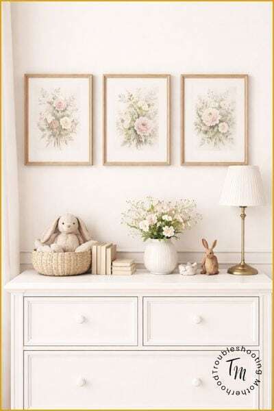 Classic Baby Girl Names. Soft, classic nursery scene with a white dresser, framed botanical floral prints, plush bunny, wooden rabbit, and neutral decor in warm, timeless tones.