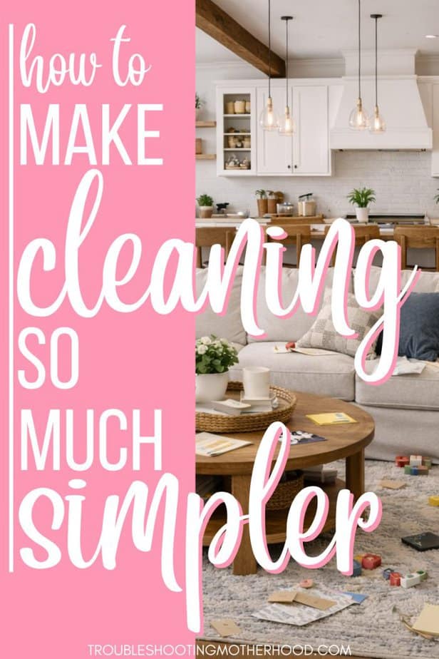 Family living room with kitchen view and visible clutter, including toys and papers, showing a realistic messy home that needs a simple cleaning system.