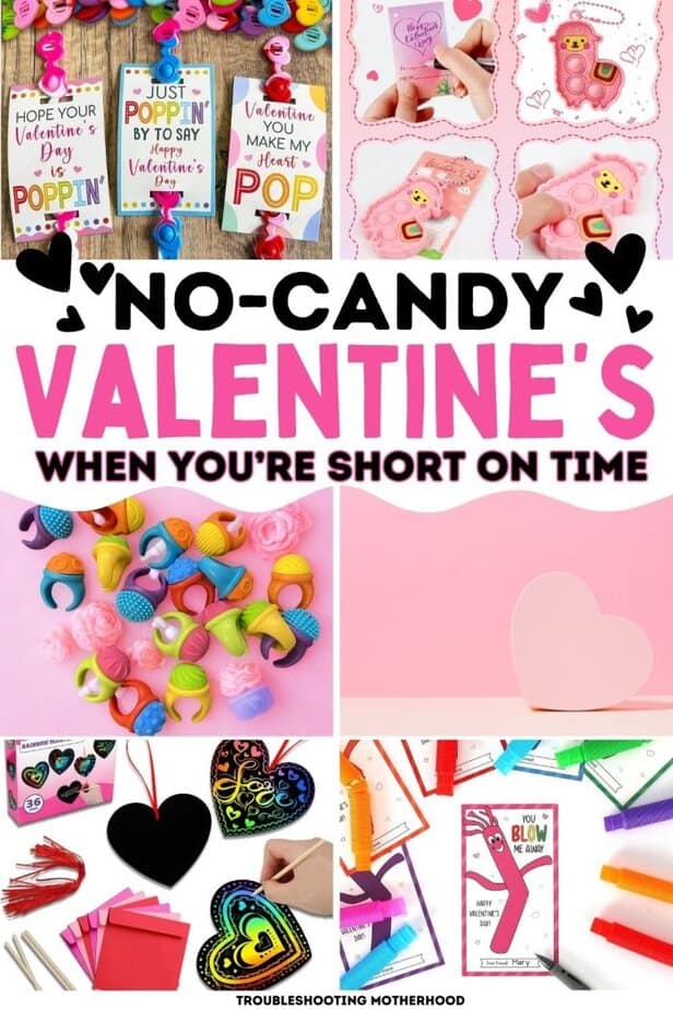 No candy valentines for class party featuring pop it toys, fidget rings, bubble valentines, and printable Valentine cards for kids