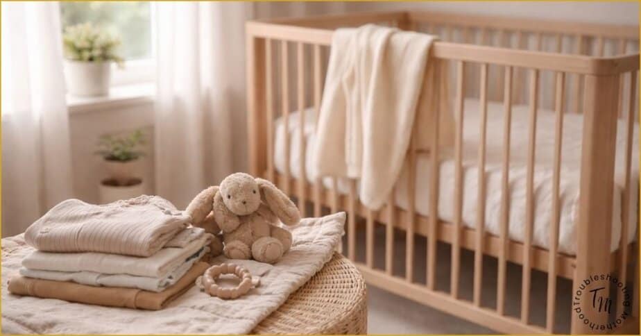 Sunny nursery corner with a crib, soft neutral bedding, natural wood accents, and daylight streaming through a window, creating a calm and lived-in baby prep space.