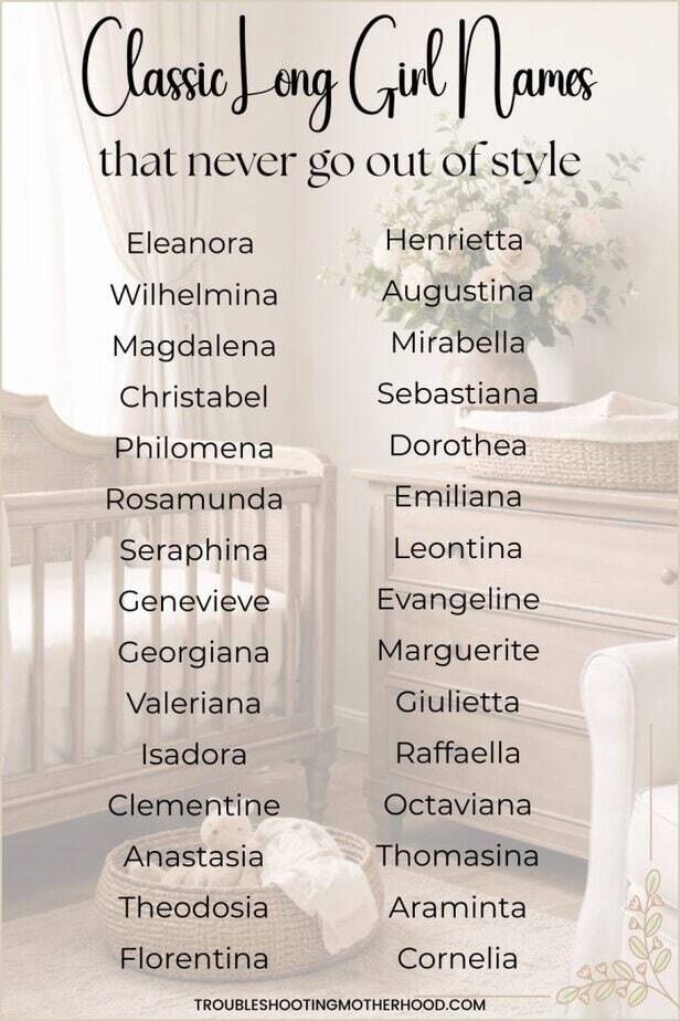 A curated list of rare long girl names displayed on a soft, elegant background designed for baby name inspiration