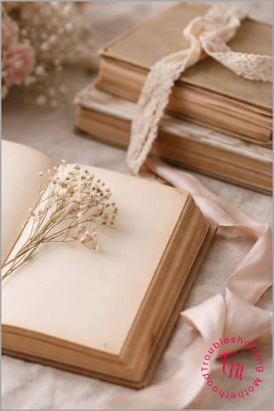 Open vintage baby names book styled with soft florals, lace, and neutral textures for baby name inspiration