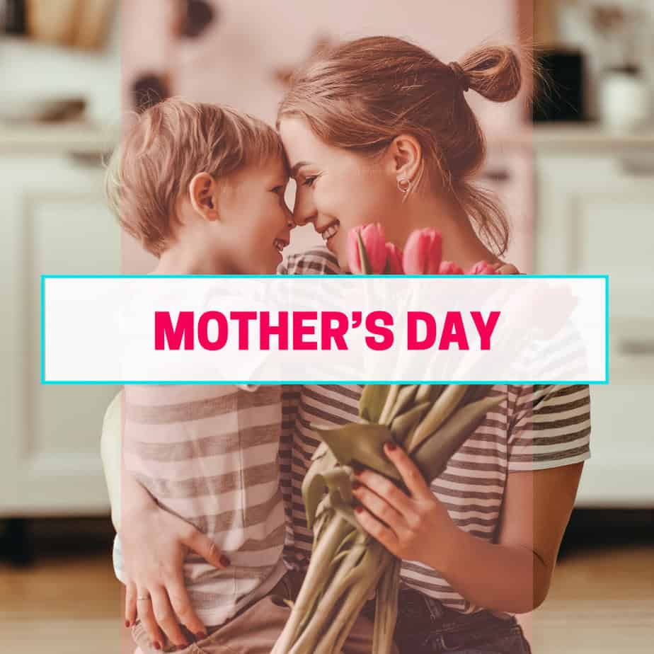 MOTHER'S DAY CATEGORY IMAGE OF MOM, SON, TULIPS.